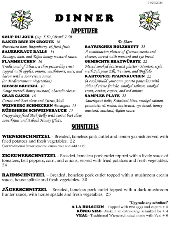 Dinner Menu Edelweiss German Restaurant