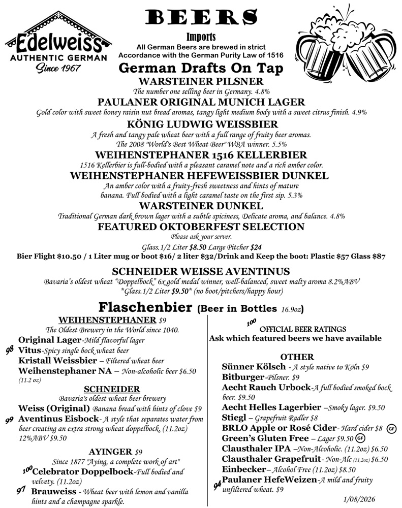 BEERS Edelweiss Beer Menu 2026